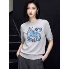 批发2026夏季新款<b class='q'>韩版</b>动物印花短袖<b class='q'>针织衫</b>女灰色套头上衣时尚气质潮流