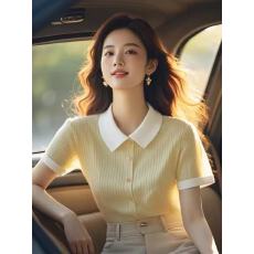 批发黄色冰丝Polo领针织衬衫女2026夏季新款通勤正肩短袖<b class='q'>T</b><b class='q'>恤</b>欧货上衣