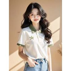 批发白绿撞色Polo领短袖女装2026年新款休闲正肩T恤星星印花上