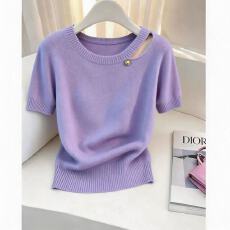 批发2026夏季<b class='q'>新款</b>独特漂亮针织小衫宽松显瘦多巴胺紫色镂空短袖上衣女