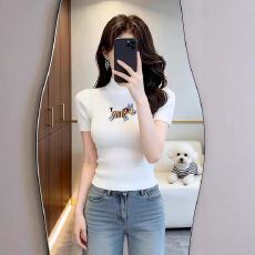 批发韩系白色刺绣半高领针织衫女2026早春<b class='q'>新款</b>修身内搭<b class='q'>打底衫</b>短袖上衣