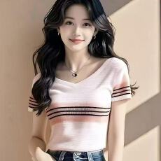 批发法式冷淡系独特别致上衣洋气减龄撞色夏季<b class='q'>新款</b>时尚针织短袖t恤女