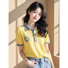 批发黄灰撞色Polo领短袖2026<b class='q'>新款</b>正肩花朵T恤小香风内搭减龄洋气上衣