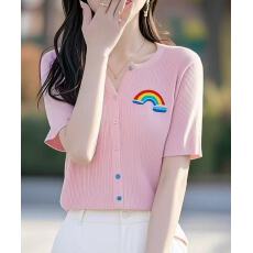 批发夏季新品彩虹绣花开衫温柔系奶甜奶乖短款针织彩色纽扣短袖上