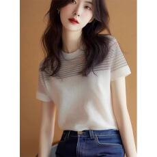 批发亮闪闪条纹短袖t恤女夏季法式小香风轻奢设计感小众上衣独特