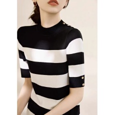 批发2026新款韩版黑白拼色纽扣设计半高圆领针织衫女春秋五分袖上衣薄