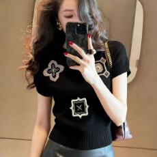 批发2026夏季法式气质黑色图案刺绣套头短袖T恤针织小众独特别致上衣