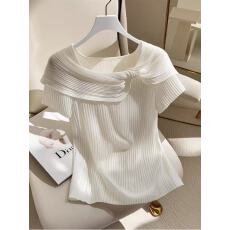 批发夏季独特别致甜辣妹白色薄款冰丝针织衫女设计感小众绝美短袖上衣