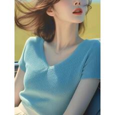 批发冷淡系高级感针织短款v领上衣女夏季2026新款蓝色正肩冰丝短袖t恤