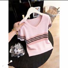 批发小个子女夏法式甜美风撞色条纹针织衫短袖T恤时尚洋气小众设计感