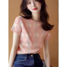批发2026夏季新款爆款设计感上衣纯欲<b class='q'>甜美</b>别致格纹短袖T恤针织女款
