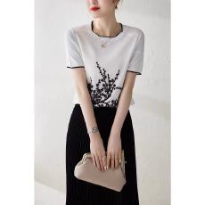 批发2026夏季爆款精美绣花冰丝短袖/趣味清甜针织套衫女ELZY43168