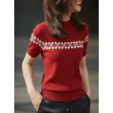 批发小众独特别致红色针织衫2026夏季半高领套头打底衫短袖设计感上衣