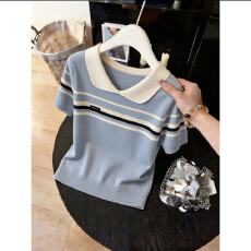 批发2026学院风翻领撞色条纹针织衫女短袖套头减龄百搭polo领上衣