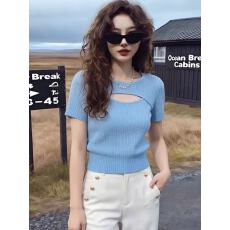 批发天蓝色法系镂空设计圆领针织T恤女2026夏季新款气质百搭<b class='q'>大码</b>上衣