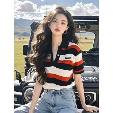 条纹冰丝短袖t恤女2026新款夏季爆款polo领针织衫超好看独特上衣