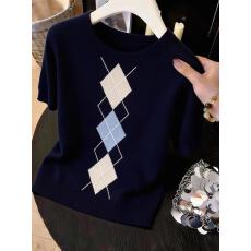 批发学院风撞色菱形短袖针织衫甜美百搭上衣夏季<b class='q'>韩版</b>穿搭减龄套头小衫