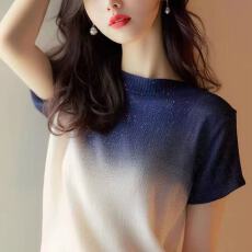 批发蓝色渐变色亮闪闪针织短袖t恤夏季2026欧货小衫休闲百搭正