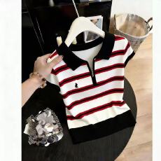 批发夏季新款POIO领冰丝条纹刺绣短袖女休闲百搭外搭叠穿简约日常上衣