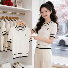 批发法式小香风字母拼色圆领针织衫短袖T恤2026新款气质别致套头上衣