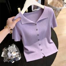 批发韩系气质优雅风紫色翻领<b class='q'>针织</b>衫女2026夏季薄款温柔百搭显瘦<b class='q'>上衣</b>潮