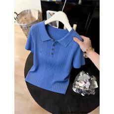 批发蓝色polo领简约坑条修身短袖T恤2026夏季多巴胺巨好看精致<b class='q'>上衣</b>女