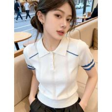 批发<b class='q'>韩版</b>温柔风撞色短袖针织衫2026夏季翻领柔软时尚上衣气质百搭小衫