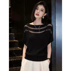 批发黑色网纱拼接短袖针织衫女2026夏季新款显瘦设计感微透上衣高级感