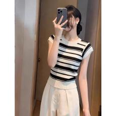 批发简约风条纹拼接洋气小飞袖针织衫女2026夏季新款圆领套头显瘦上衣