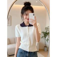 批发自留款推荐~设计感娃娃领针织衫女2026年夏季新款短袖小衫百搭t恤