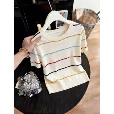 批发韩系甜美学院风杏色圆领条纹短袖<b class='q'>针织衫</b>女夏季穿搭内搭打底上衣