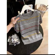 批发多巴胺彩色条纹短袖针织衫<b class='q'>女装</b>夏季2026超火减龄修身显瘦圆领上衣