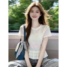 批发柠檬绿茶设计感褶皱花边收腰天爽<b class='q'>亚麻</b>针织衫女套头短袖