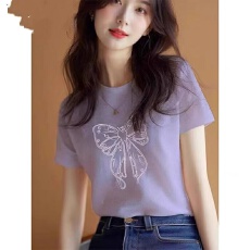 批发今年流行的夏装气质上衣高品质<b class='q'>甜美</b>圆领修身紫色印花短袖针织T恤