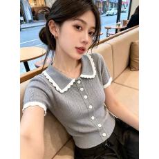 批发法式学院风打底衫今年夏季新款<b class='q'>甜美</b>娃娃领短袖针织衫纽扣女装上衣