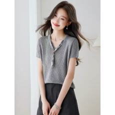 批发法式V领丝巾蝴蝶结冰丝短袖t恤女薄针织衫蓝色设计感韩系穿搭上衣