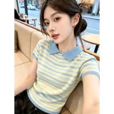 批发多巴胺独特漂亮短袖T恤女2026新款夏日翻领条纹针织小衫绝美上衣