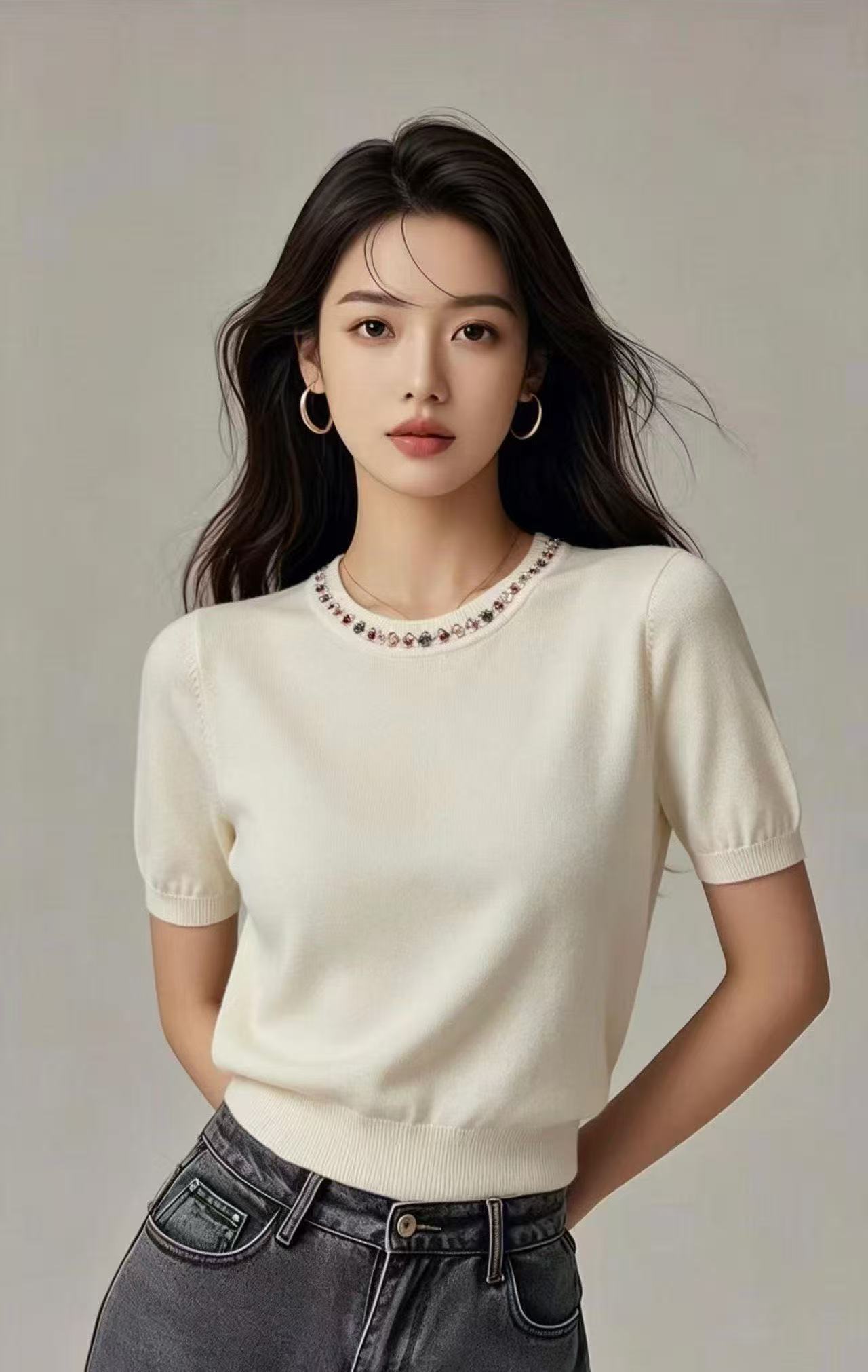 디자인 센스 비즈 박기 장식 라운드 넥 반팔 티셔츠 니트 스웨터 여성 의류 다용도 느슨함 센스 맨위 품격 기본 셔츠
