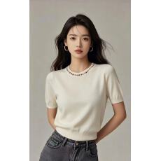 批发设计感钉珠装饰圆领短袖T恤针织衫女装百搭松弛感上衣气质打底衫