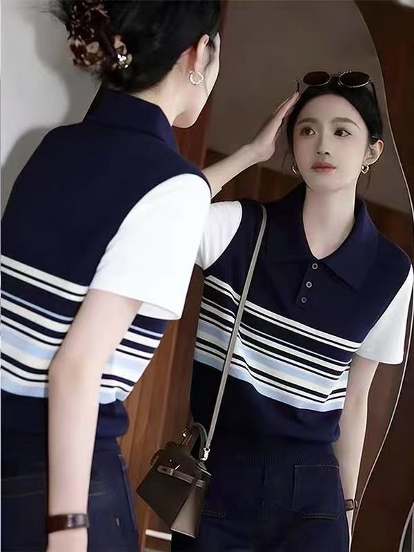 아메리칸 배색 스트라이프 POLO 칼라 반팔 니트 티셔츠 여성 여름 패치워크 페이크 레이어드 루즈핏 맨위