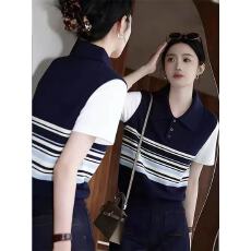 批发美式撞色条纹Polo领短袖针织t恤女夏拼接假两件宽松上衣