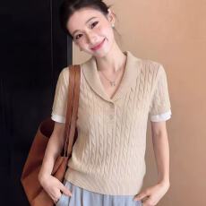 批发老钱风卡其色翻领针织短袖t恤女夏季修身气质独特漂亮巨好看上衣