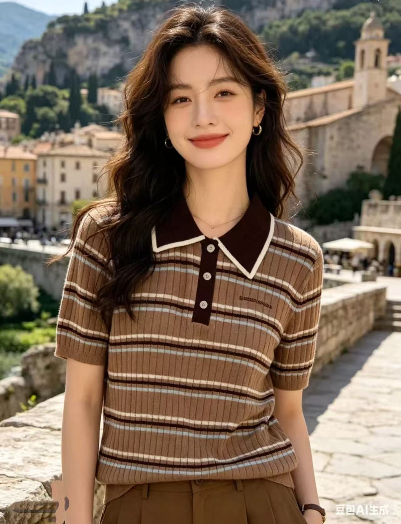 여름 새로운 배색 스트라이프 POLO 칼라 반팔 니트 스웨터 여성 다용도 몸매 가꾸기 슬림해 보이는 연령 감소 맨위 424