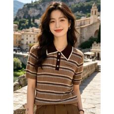批发夏季新款撞色条纹POLO领短袖针织衫女百搭修身显瘦减龄上衣424