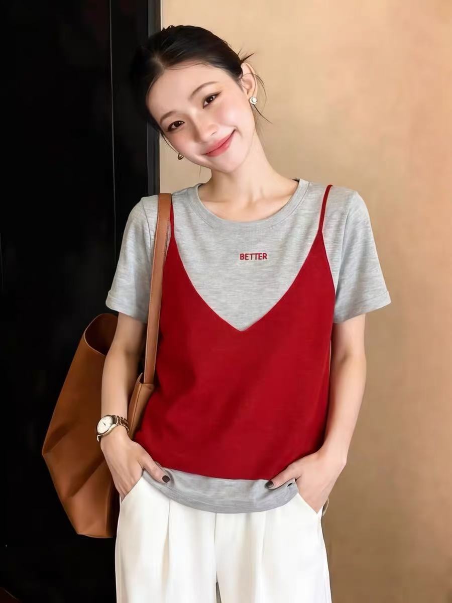 디자인 센스 페이크 레이어드 배색 라운드 넥 맨위 여성 빅 사이즈 지방 mm 여름 한 스타일 chic 루즈핏 슬림해 보이는 니트 스웨터