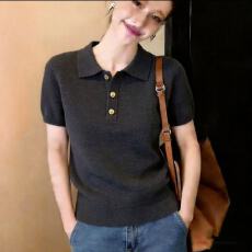 批发高级感灰色polo领短袖针织衫女夏季短款正肩翻领小个子显瘦上衣潮