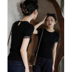 批发2026年夏季新款简约珍珠领蕾丝显瘦短袖针织上衣女