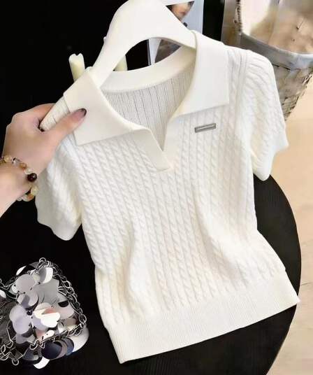 오래된 돈 바람 화이트 POLO 칼라 반팔 티셔츠 여성 여름 고급 센스 경기 아마 바지 꽈배기 얼음 실크 니트 맨위