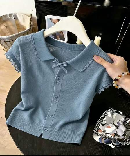 달콤함 배색 폴로 칼라 반팔 니트 스웨터 여성 여름 2026 단추 오픈 가디건 고유 한 Chic 작은 대중 맨위 새로운
