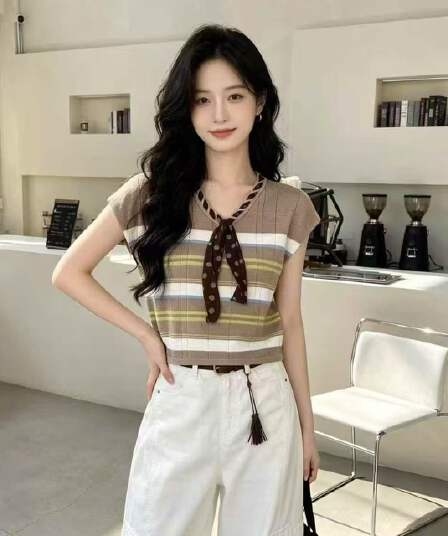 2026 새로운 한 부서 스트라이프 V넥 리본 민소매 니트 조끼 여성 여름 패션 외국 가스 다용도 맨위 트렌디